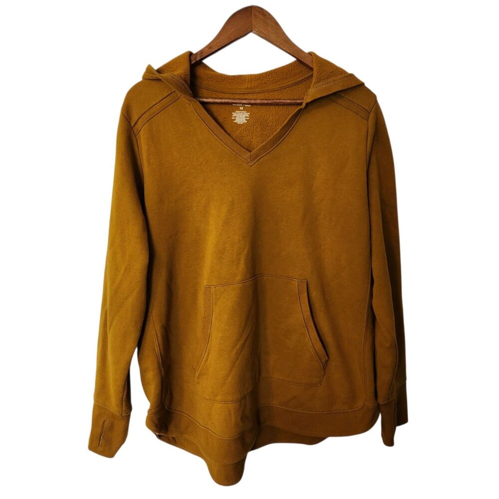 Tek Gear Womens 1X Mustard Hoodie Sweatshirt Ultrasoft Fleece Thumbholes Pocket